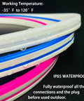 Close-up of Pink 12V Waterproof LED Silicone Neon Light Strip Rope Light 16.4 Ft 5m, shown with temperature range display.