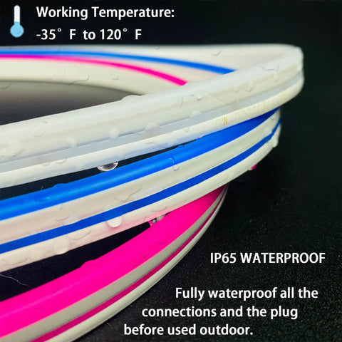 Close-up of Pink 12V Waterproof LED Silicone Neon Light Strip Rope Light 16.4 Ft 5m, shown with temperature range display.