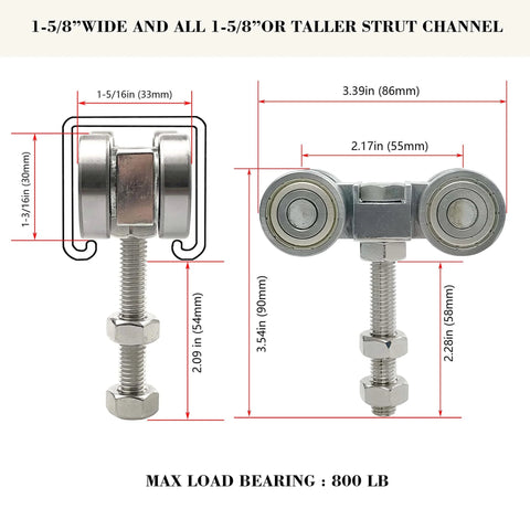 Four Wheel Heavy Duty Trolley Assembly with Silent Wheels for Standard One and Five Eighth Inch or Taller Strut Channel M10 Bolt