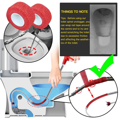 Illustration showing 50 Inch Toilet Auger Drain Cleaner Tool With Upgraded Grabber Unclogger in toilet use with red tape detail.