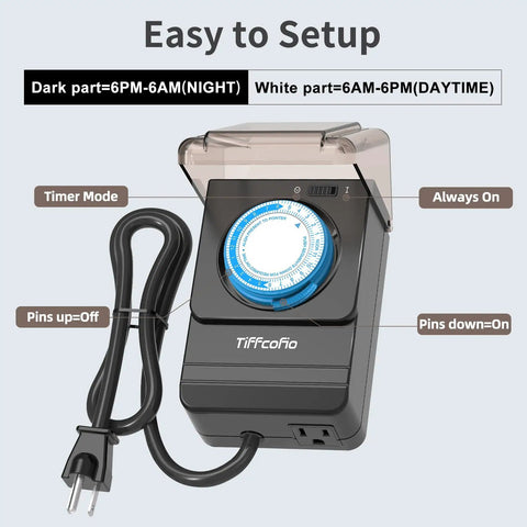 Heavy Duty Waterproof Mechanical Outdoor Timer Outlet Featuring Dual Grounded Plug In Sockets For Foolproof Daily Yard Garden And Patio Auto Lighting Schedule Setup in timer mode image.