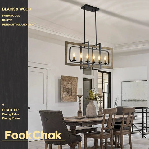 Rustic Farmhouse Chandelier For Dining Room Six Light Wood Pendant Light For Kitchen Island Over Table Classic Rustic Wood Ceiling Fixture With Warm Ambience And Durable Construction seen illuminating a dining area.
