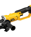 DEWALT 20V MAX cordless 4-1/2-inch angle grinder with yellow body, black grip, dust guard (side view)