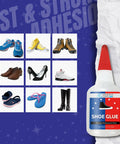 Image of Hardcore Shoe Glue For Sneakers, Boots, Sandals And More - Heavy Duty Repairs That Bond Rubber, Leather And Canvas, Quick Set Time, Waterproof, Long Lasting, With CA Accelerator Compatibility next to variety of footwear.
