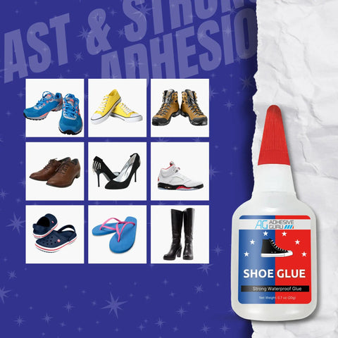 Image of Hardcore Shoe Glue For Sneakers, Boots, Sandals And More - Heavy Duty Repairs That Bond Rubber, Leather And Canvas, Quick Set Time, Waterproof, Long Lasting, With CA Accelerator Compatibility next to variety of footwear.