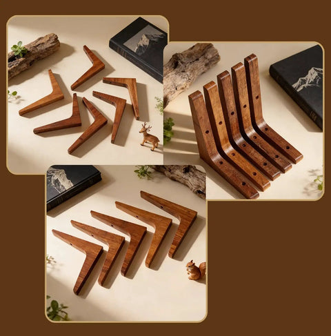 Upgrade Your Space Straight Up With Six Piece Farmhouse Solid Wood Floating Shelf Brackets Wall Mount showcasing walnut finish brackets.