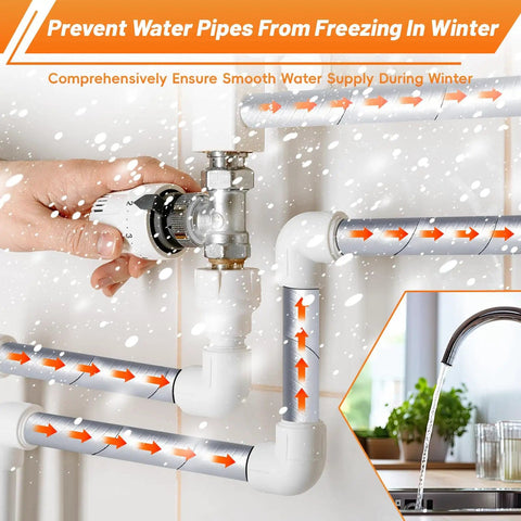 Hands installing self adhesive pipe insulation wrap for water lines foam tube heat tape for outdoor pipes winter protection