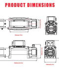 Beefed Up 13500 Lb Wireless Recovery Winch With 3/8 Inch 85 Ft Synthetic Rope For Jeep SUV Truck And Trailer IP68 Waterproof 12V Electric Winch Panther Series 3S With Two Remotes product dimensions diagram