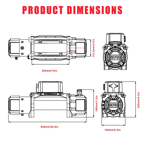 Beefed Up 13500 Lb Wireless Recovery Winch With 3/8 Inch 85 Ft Synthetic Rope For Jeep SUV Truck And Trailer IP68 Waterproof 12V Electric Winch Panther Series 3S With Two Remotes product dimensions diagram