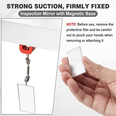 2 Pack Rectangular Inspection Mirrors With Magnetic Base Dual Universal Joints 360 Degree Adjustable Welding And Mechanical Repair Mirrors 4 By 2 Inch shown in use with magnetic base attachment