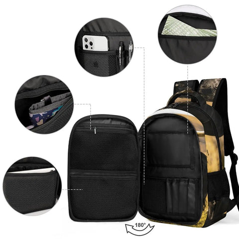 Black Longhorn Bull Printed Unisex Backpack with large capacity, open view showing compartments for school or travel use