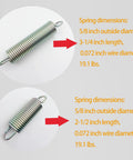 Two views of extension springs, zinc-plated steel, 5/8 in OD, 0.072 in wire; lengths 2-1/2 in and 3-1/4 in