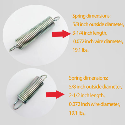 Two views of extension springs, zinc-plated steel, 5/8 in OD, 0.072 in wire; lengths 2-1/2 in and 3-1/4 in