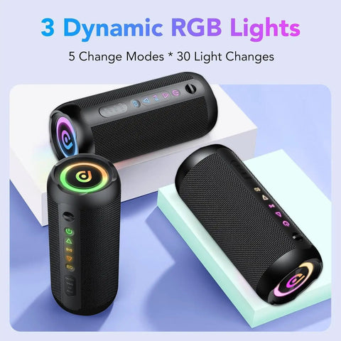 Portable Bluetooth Speaker With Bluetooth Five Four 30W Dual Speakers And Two Point Oh Channel Sound Deep Bass Thirty Hour Playtime Colorful RGB Lights IPX Seven Waterproof True Wireless Stereo TWS Pairing For Outdoor Home Party Travel Gift Ideas shown with dynamic RGB lighting.