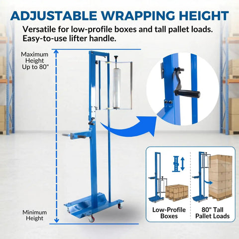 Ergonomic Manual Pallet Wrapper With Adjustable Up To 80 Inch Height For Hassle Free Stretch Film Dispensing showing adjustable height feature.