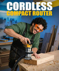 Man using Cordless Compact Router With 800W Brushless Motor, 30,000 RPM, 6 Variable Speeds, includes 15 router bits