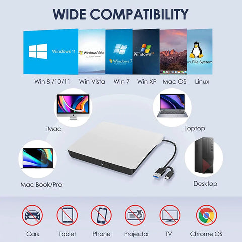 Ultra Portable USB 3.0 External CD DVD Drive For Laptops Type C No Driver Needed Plug And Play Burn Discs Watch DVDs And Listen To Music On Mac Windows PCs MacBook Pro Air iMac Desktop Compatible with USB-C cable