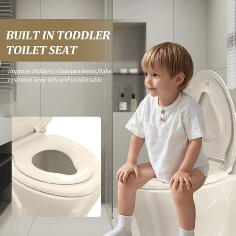 Child sitting on Elongated Toilet Seat With Built In Potty Training Seat For Kids And Adults Kid Friendly Design Slow Close.