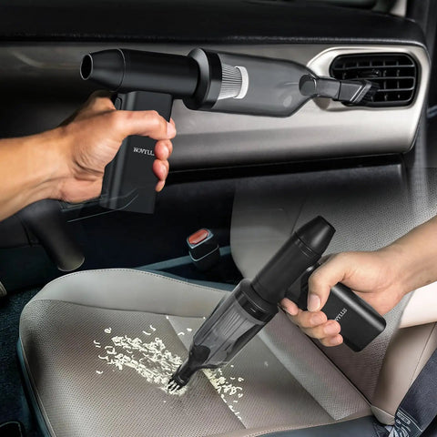Person using 3 In 1 Cordless Air Duster And Mini Vacuum With LED Light USB C Rechargeable 180000 RPM 5 Speeds in a car