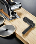 Compact Portable Desktop Clip Clamp for woodworking on a workbench with quick clamp aluminum alloy build beside saw blades