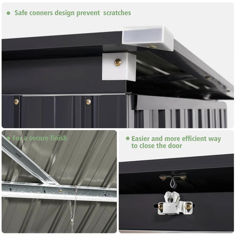 Close-up of 5.7 Ft Wide Galvanized Steel Horizontal Garbage Storage Shed With Lockable Door Bolt Black Outdoor Yard Patio Garden Shelter