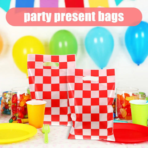 Race Car Themed Gift Bags With Handle Pack Of 50 Portable Lightweight Plastic Candy Bags Checkered Pattern For Birthday Party Favors