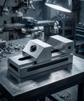 Precision Swivel Vise For Milling And Grinding on a metal workbench, showcasing sturdy alloy steel construction and slip resistant design.