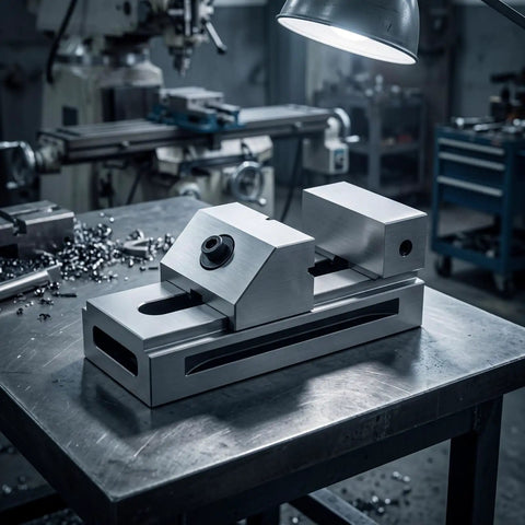 Precision Swivel Vise For Milling And Grinding on a metal workbench, showcasing sturdy alloy steel construction and slip resistant design.
