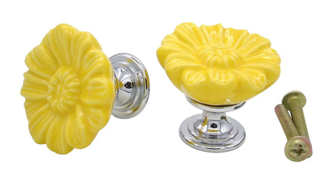 Fresh Vibes Vintage Daisy Drawer Knobs And Cabinet Pull Handles In Cheerful Yellow Ceramic With Solid Zinc Backplates Includes Six Pieces Plus Easy Install Screws