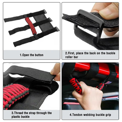 Step-by-step installation of Two Pack Roll Bar Grab Handles For Jeep Wrangler with Oxford cloth and metal buckle for secure grip.