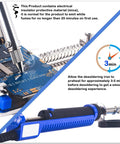 Close-up of All In One Desoldering Iron And Solder Sucker Tool for PCB Repair, blue handle, nozzles on electronic board