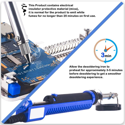 Close-up of All In One Desoldering Iron And Solder Sucker Tool for PCB Repair, blue handle, nozzles on electronic board