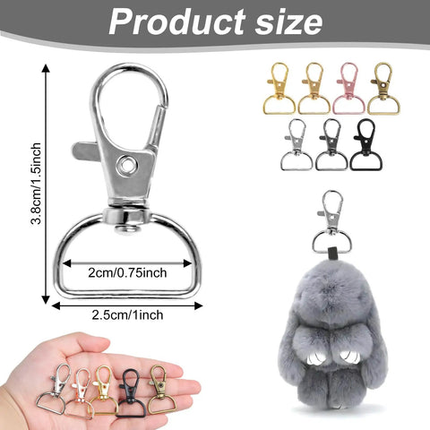Top Shelf Swivel Clasp Clip Hooks 60 Pack For Keychain Making And Lanyards Featuring Badass D Ring Metal Hardware, shown in sizes with various colors.