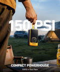 Person holding L7 Portable Tire Inflator Cordless Air Compressor 150 PSI Fast 1 Minute Inflation Auto Shutoff LED Light Rechargeable