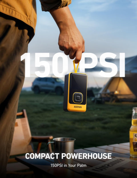 Person holding L7 Portable Tire Inflator Cordless Air Compressor 150 PSI Fast 1 Minute Inflation Auto Shutoff LED Light Rechargeable