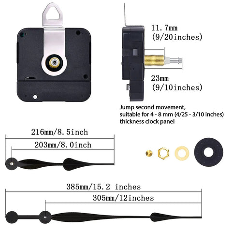 Beefed Up High Torque Quartz Clock Movement Replacement With Hands Spade Long 12 Inch DIY Clock Mechanism Long Shaft 23mm 11.7mm Thread Jump Second Movement For 4 To 8mm Thick Clock Pan Durable Timekeeping Upgrade