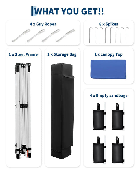 10X10 Pop Up Canopy Tent With Slant Leg Design components including steel frame, storage bag, canopy top, guy ropes, spikes, sandbags