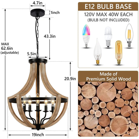 Solid Wood Modern Farmhouse 5 Light Chandelier For Dining Room And Kitchen Island Adjustable Height Brown Finish Rustic