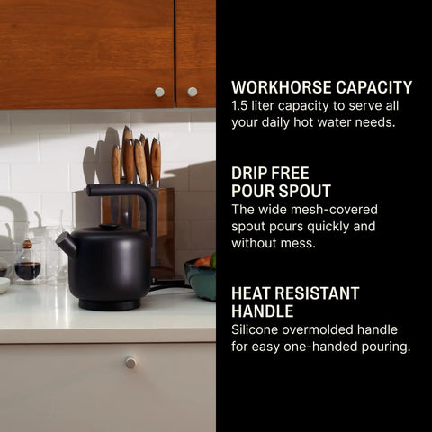 Electric Kettle 1.5 Liter Capacity In Sleek Stainless Steel, Modern Twist On Stovetop Style on a kitchen counter with cups.