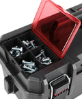 Heavy Duty 16 Inch Tool Box With Foldable Handle Durable Resin Tool Storage Organizer showing screws and red translucent lid