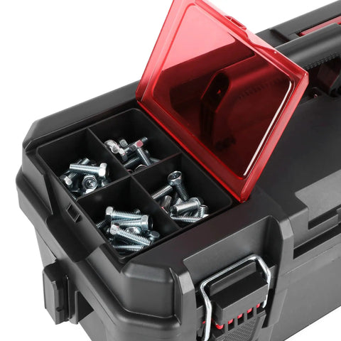 Heavy Duty 16 Inch Tool Box With Foldable Handle Durable Resin Tool Storage Organizer showing screws and red translucent lid