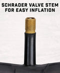 Close-up of Schrader valve on fat tire bike tube, showcasing easy inflation for Fat Tire Bike Tube With Schrader Valve Fits 20 Inch 24 Inch 26 Inch 27.5 Inch Mountain And Cruiser Bikes Heavy Duty Rubber Easy To Inflate 1 Pack Replacement Inner Tube