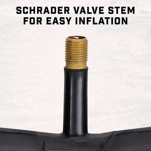 Close-up of Schrader valve on fat tire bike tube, showcasing easy inflation for Fat Tire Bike Tube With Schrader Valve Fits 20 Inch 24 Inch 26 Inch 27.5 Inch Mountain And Cruiser Bikes Heavy Duty Rubber Easy To Inflate 1 Pack Replacement Inner Tube