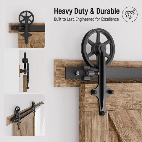 7.5Ft Heavy Duty Sliding Barn Door Hardware Kit with Quiet Smooth Operation, Big Spoke Wheel Hanger, installed view on wooden door