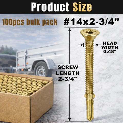 Bulk Pack Of 100 Size 14 Self Drilling Trailer Deck Screws With Torx Star Drive For Wood To Metal Fastening On Trailers And Flatbeds Two And Three Quarters Inches Long