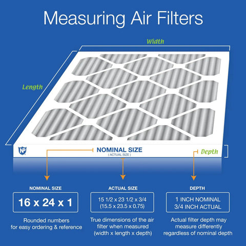 Diagram showing dimensions of heavy duty furnace air filter with odor control MERV 10 pleated carbon 16 by 24 by 1 size.