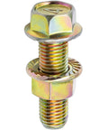 Heavy Duty Set Of Five Exhaust Serrated Flange Spin Lock Nuts And Bolts M10 X 33mm close-up view of a shiny gold bolt.