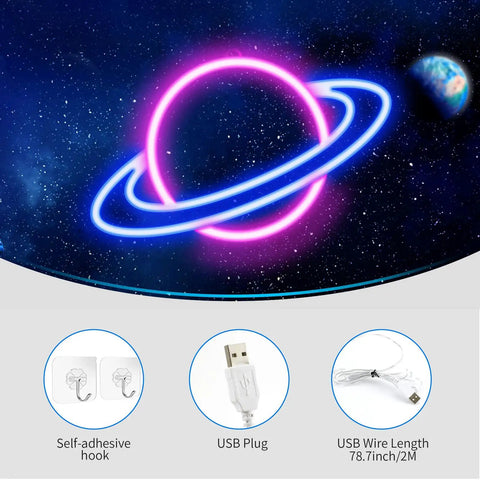 Planet Neon Sign LED Neon Light Sign For Wall Decor USB Powered Aesthetic Neon Signs glowing with pink and blue LED