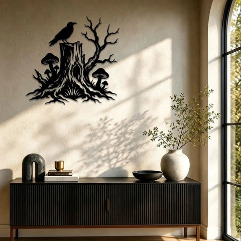 Rustic Black Raven On Tree Stump Hollow Metal Wall Art Sign Durable Cutout Home Decor For Chill Cabin Vibes Totally Sleek Powder Coating Rock Solid Steel Frame