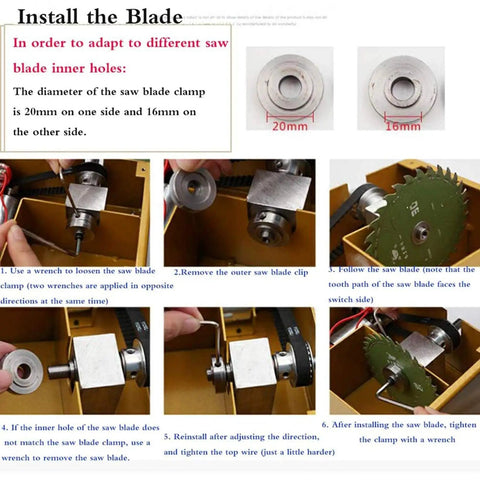 Killer Little Workbench Saw With Swappable Chucks And Alloy Blade installation guide showing blade clamp sizes and steps for adjustment.